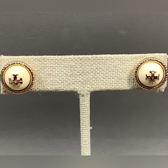 Sophisticated White and Gold Tory Burch Stud Earrings - Picture 2 of 7